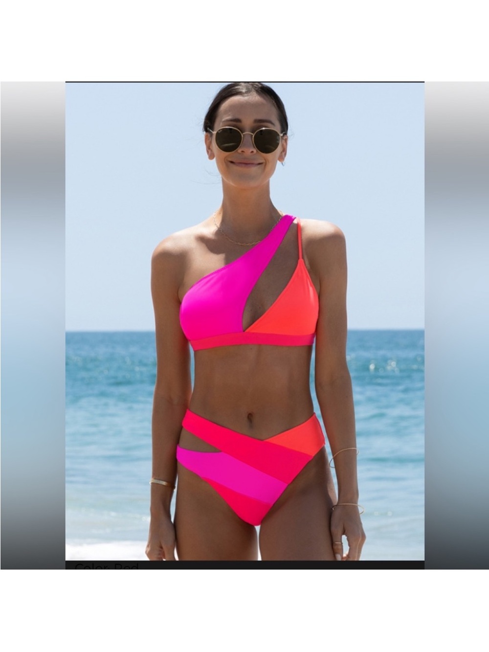 Popvil Cutout One-Shoulder Color Block Bikini Set
